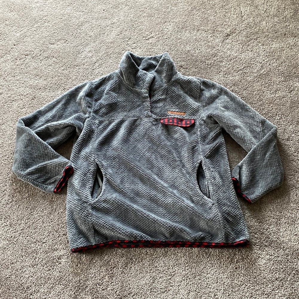 Simply Southern Gray Waffle Fleece Pullover Quarter Snap Plaid Trim Cozy SIZE M